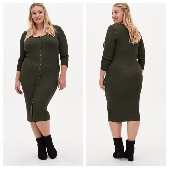 Torrid Olive Green Rib Button Front Bodycon Midi Dress - Picture 2 of 5